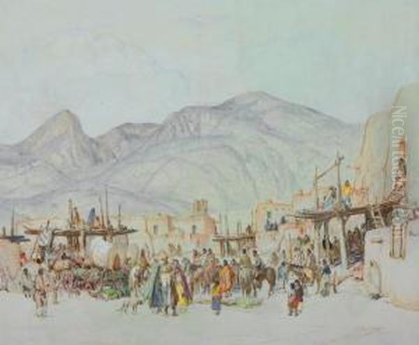 Fiesta Day In Taos Pueblo Oil Painting by Oscar Edmund Berninghaus