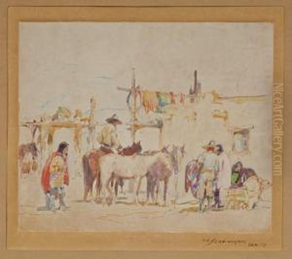 Taos Pueblo Oil Painting by Oscar Edmund Berninghaus