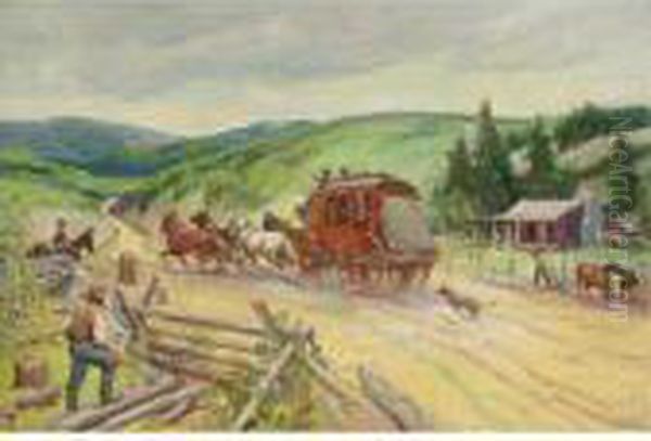 Stagecoach Through The Missouri Hills Oil Painting by Oscar Edmund Berninghaus