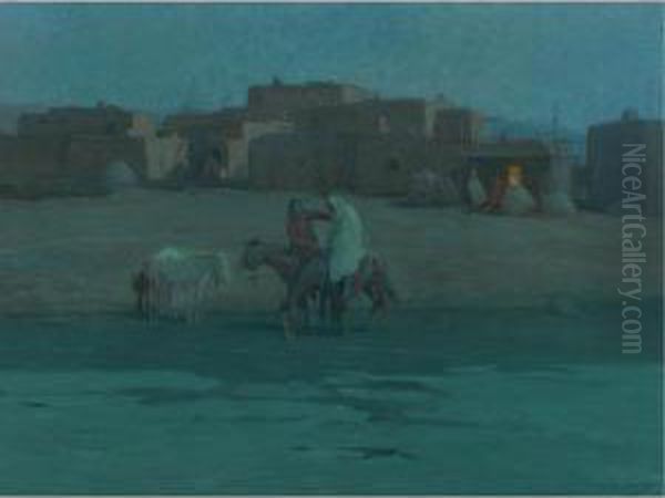 Twilight Taos Pueblo Oil Painting by Oscar Edmund Berninghaus