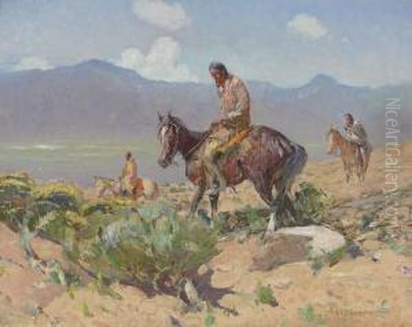 Indians On Horseback (summer Hunt) Oil Painting by Oscar Edmund Berninghaus