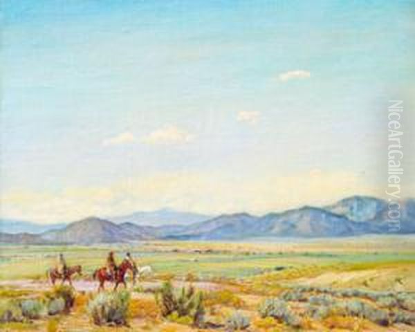 Indians On Horseback New Mexico Oil Painting by Oscar Edmund Berninghaus