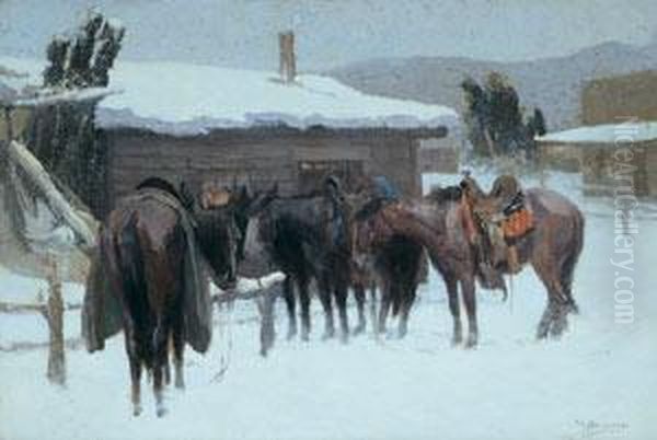 Four Horses At Hitching Post Oil Painting by Oscar Edmund Berninghaus