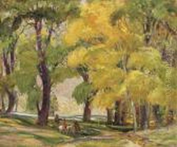 Cottonwoods In The Fall, Glorietta Grove Oil Painting by Oscar Edmund Berninghaus