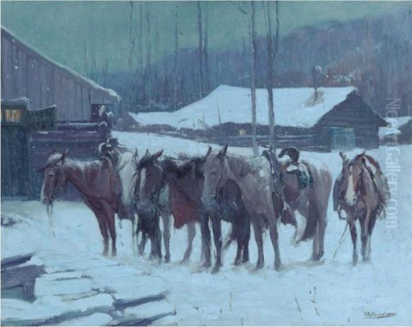 Horses In Winter Oil Painting by Oscar Edmund Berninghaus