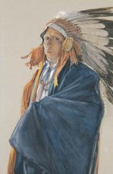 Indian In War Bonnet Oil Painting by Oscar Edmund Berninghaus