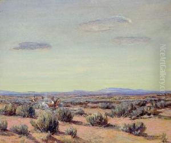 Indians Hunting Rabbits In Sage Brush Oil Painting by Oscar Edmund Berninghaus