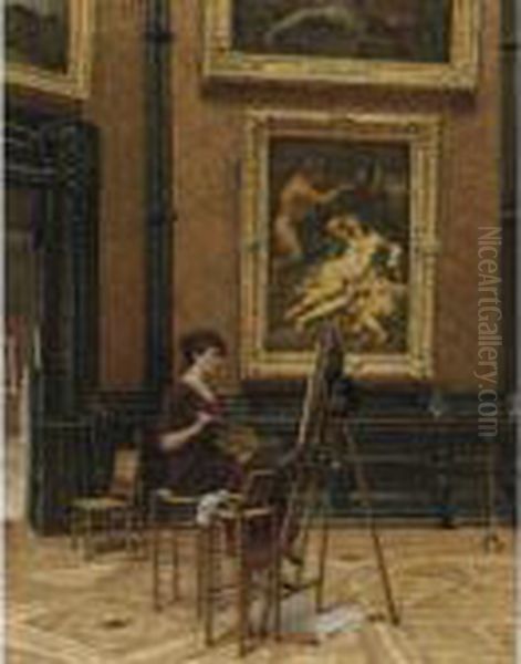 An Artist In The Louvre With Corregio's Jupiter And Antiope Oil Painting by Louis Beroud