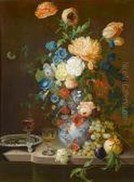 Roses, Tulips, Convolvulus, 
Auricula And Otherflowers In A Porcelain Vase On A Stone Ledge With A 
Silver Salver,grapes, A Plum, Peaches And Two Wine Glasses Oil Painting by Jean Baptiste Berre