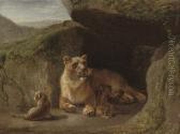 A Lioness With Her Cubs Oil Painting by Jean Baptiste Berre