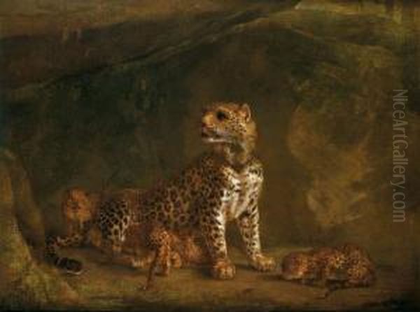 Leopard Et Ses Petits Oil Painting by Jean Baptiste Berre