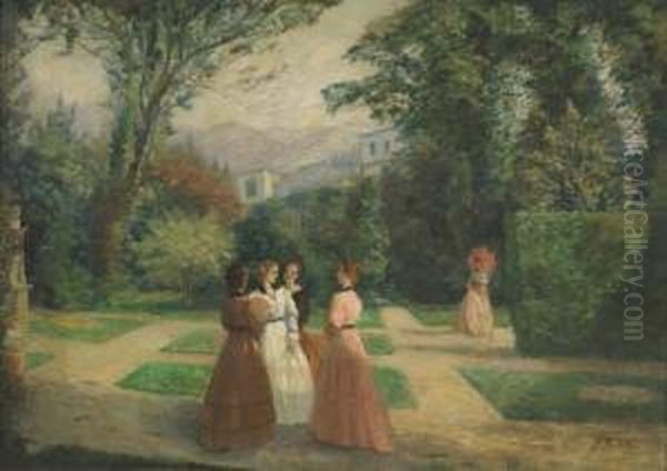 Dame Nel Parco Della Villa Oil Painting by Luigi Bertelli