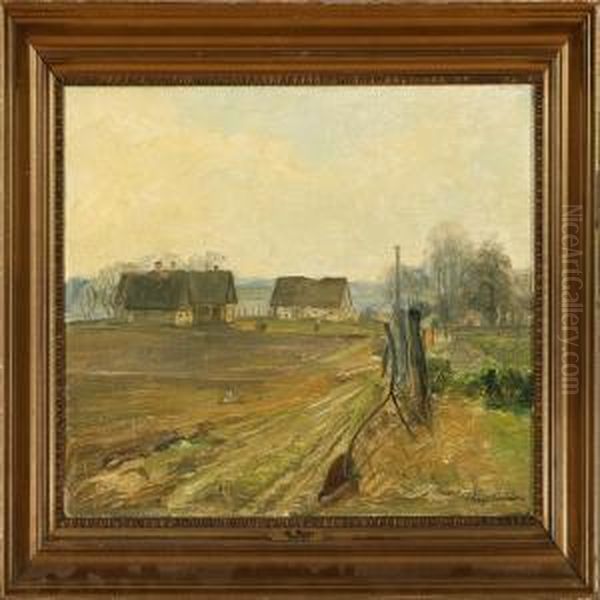 Mark Landscape Withtwo Farms Oil Painting by Aage Bertelsen