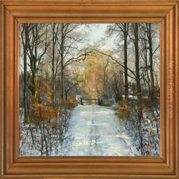 Vinter View Of Herlufsholm Forest Oil Painting by Aage Bertelsen