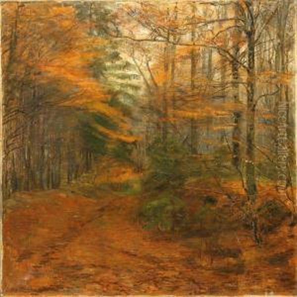 Autumn View From The Herlufholm Forest Oil Painting by Aage Bertelsen