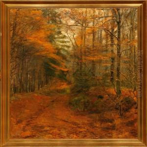 A Dirt Road Through Anautumn Forest Oil Painting by Aage Bertelsen