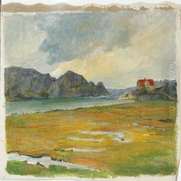 Inlet Scenery Fromgreenland On A Cloudy Summer Day Oil Painting by Aage Bertelsen