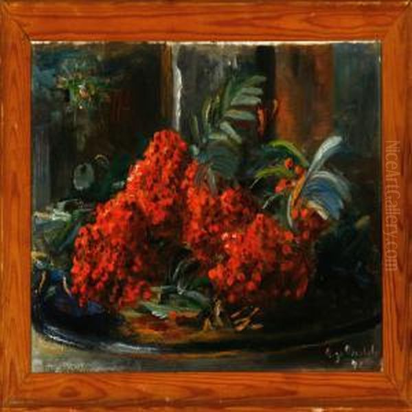 Rowanberries On A Dish Oil Painting by Aage Bertelsen