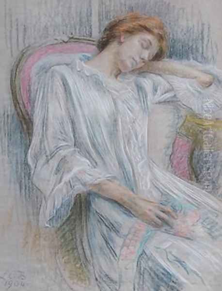 Young wonam asleep in a chair Oil Painting by Marie Louise Catherine Breslau