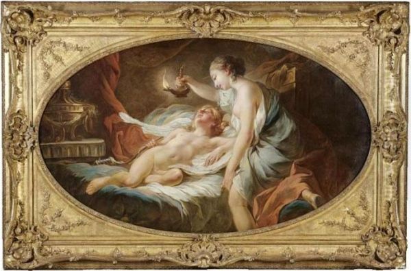 Psyche Contemplating The Sleeping Cupid Oil Painting by Jean Simon Berthelemy