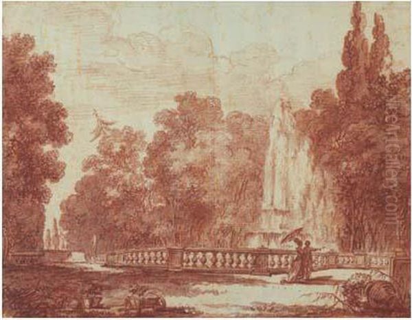 Parc D'une Villa Romaine, Avec Jet D'eau Et Promeneurs Oil Painting by Jean Simon Berthelemy