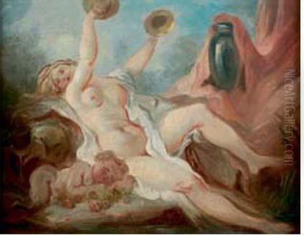 Menade Etendue Jouant Des Cymbales Et Putto Endormi Sur Des Raisins Oil Painting by Jean Simon Berthelemy