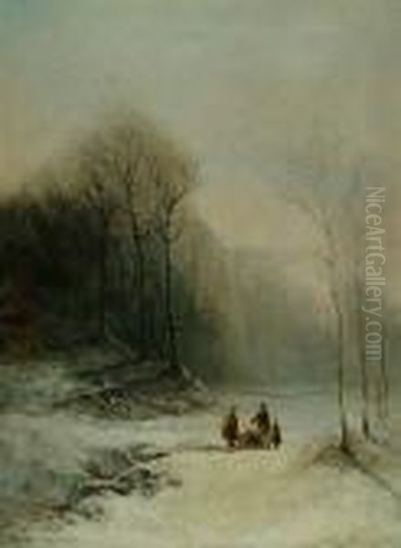 'a Family Collecting Sticks On A Winter's Evening' Oil Painting by Eugene Berthelon