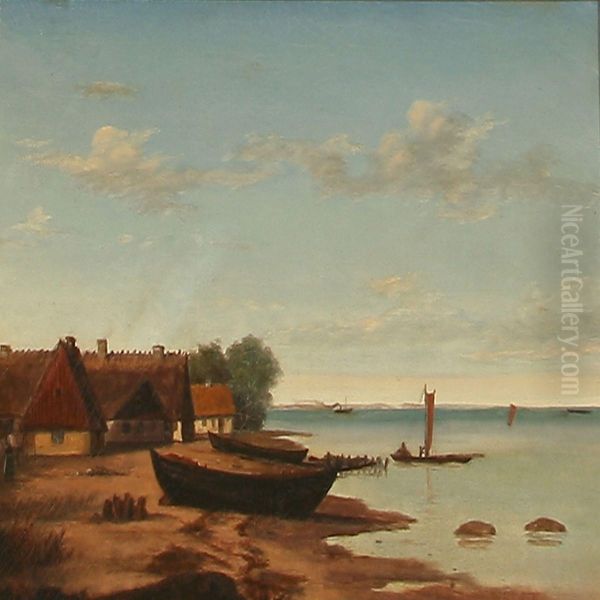 Coastal Scene With Rowing Boats On The Beach Oil Painting by Christian Berthelsen