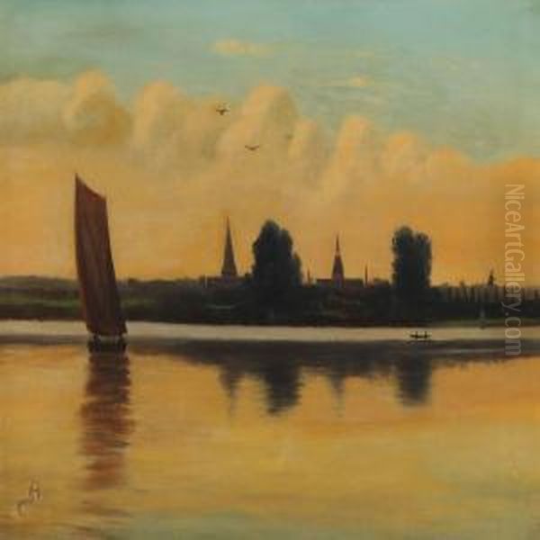 A Small Boat By Svendborg In Calm Weather Oil Painting by Christian Berthelsen