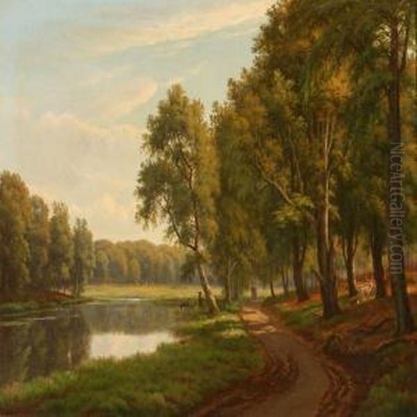 Summer's Day At A Forest Lake Oil Painting by Christian Berthelsen