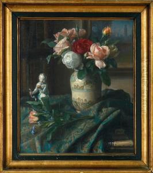 A Still Life With Red, White And Pink Roses In A Vase On A Table Oil Painting by Christian Berthelsen