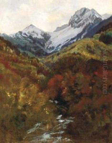 A Mountain Landscape Oil Painting by Leon Rodolphe Berthoud