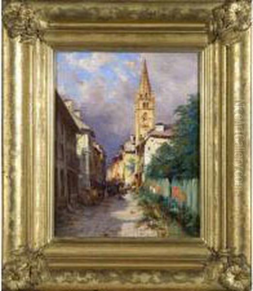 :une Rue A Barcelonnette (basses-alpes) Huile Surtoile Oil Painting by Charles Alexandre Bertier