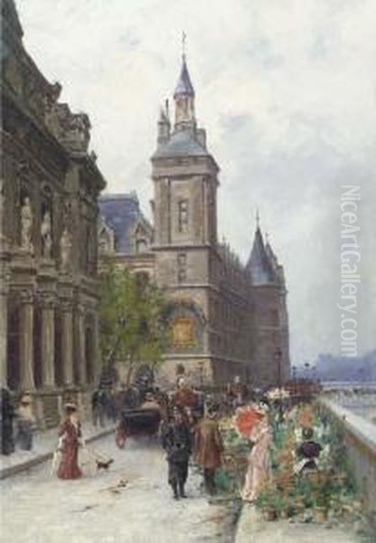 Le Marche Aux Fleurs, Ile De La Cite Oil Painting by Charles Alexandre Bertier