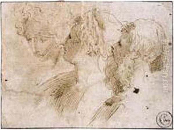 Three Studies Of Heads: A 
Bearded Man And A Woman, Seen In Profile, And A Second Woman Seen At 
Three Quarters Oil Painting by Jacopo Zanguidi, Called Jacopo Bertoija