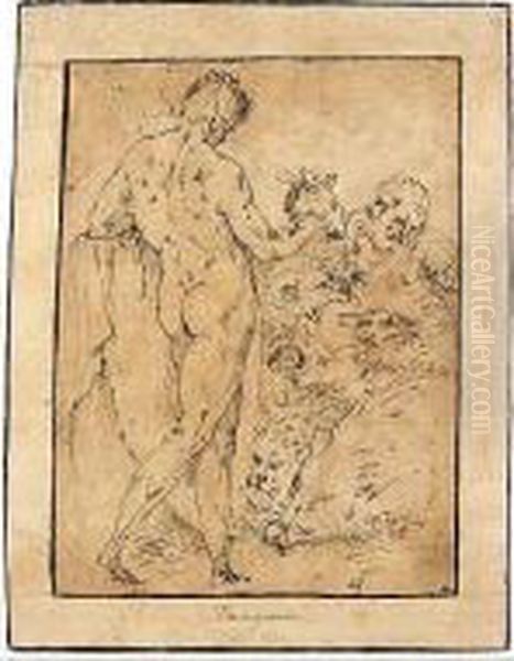 A Male Nude Holding A Mask, Standing Before Numerous Animals And A Bearded Man Oil Painting by Jacopo Zanguidi, Called Jacopo Bertoija