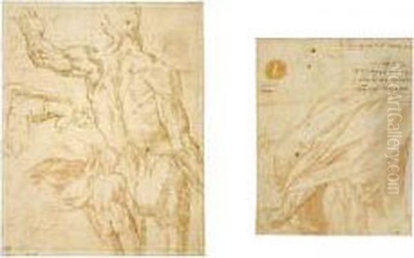 Figure Studies: A Standing Male 
Nude Seen From Behind, A Female Nude Seen From Behind, A Kneeling Woman,
 A Right Eye Oil Painting by Jacopo Zanguidi, Called Jacopo Bertoija