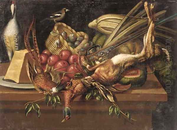 Pheasants, a dead hare and a shot-gun with plums in a basket, apples, cheese, pumpkins and other vegetables on a stone ledge Oil Painting by Pierre van BOUCLE (BOECKEL)