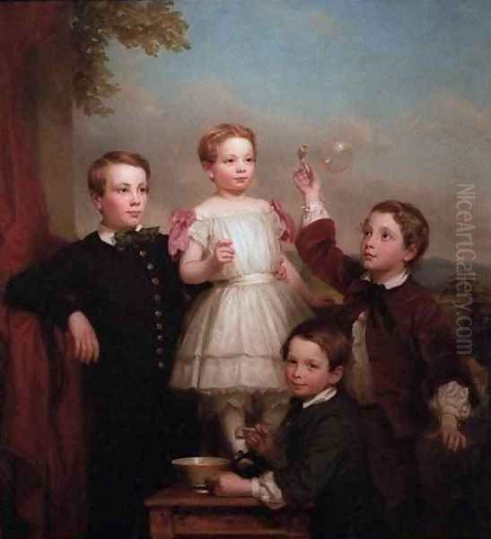 Portrait of Children Blowing Bubbles Oil Painting by George Augustus, Jr Baker