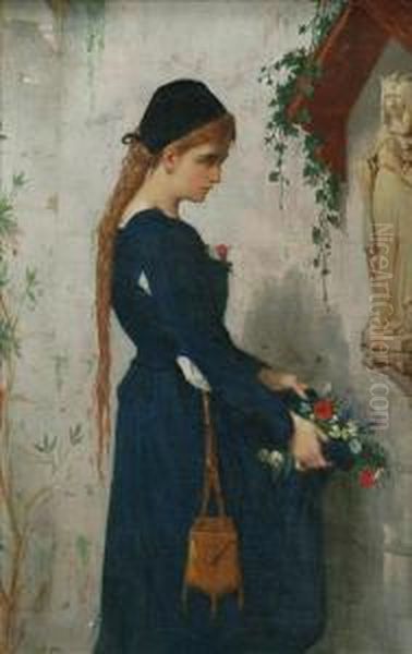 The Waysideshrine, A Young Girl Laying Flowers Oil Painting by Jean Baptiste Bertrand