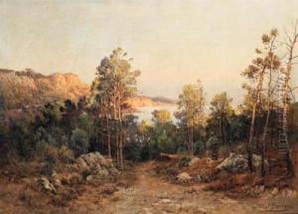 A Mediterranean Coastal Landscape Oil Painting by Paulin Bertrand