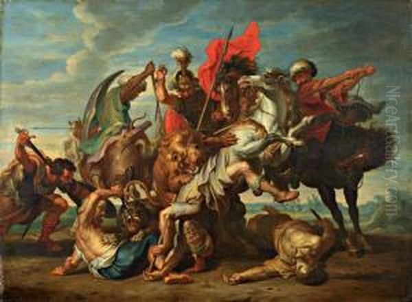 La Chasse Au Lion, D'apres Rubens Oil Painting by Balthasar Beschey