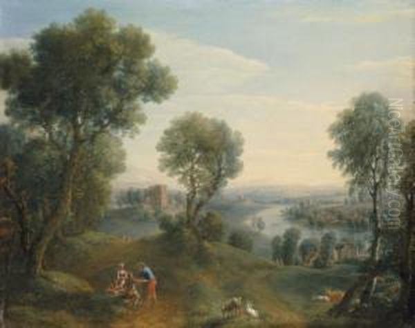 An Extensive River Landscape With Goatherds Conversing Oil Painting by Balthasar Beschey