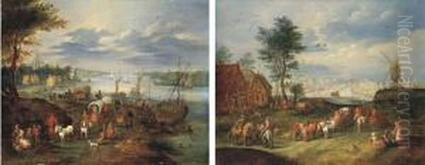 A River Landscape With Wagons 
And Townsfolk On A Path And Boats;and An Extensive Landscape With A 
Windmill And Figures, A Canalbeyond Oil Painting by Balthasar Beschey