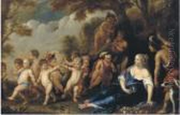 Venus And Adonis Surrounded With Putti In A Landscape Oil Painting by Balthasar Beschey