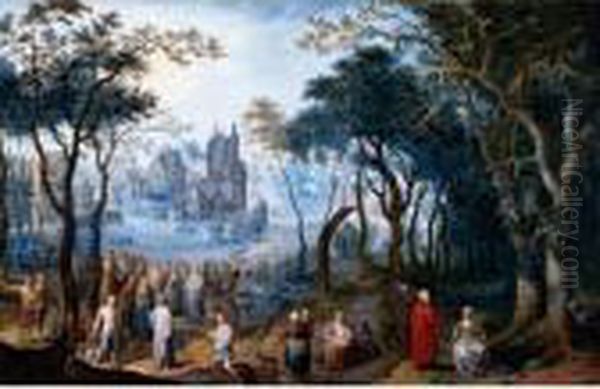 A Wooded Landscape With Christ And The Centurion, A Village Beyond Oil Painting by Balthasar Beschey