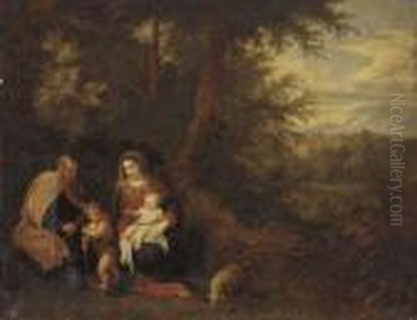 A Wooded Landscape With The Holy Family With The Infant Saint John The Baptist Oil Painting by Balthasar Beschey