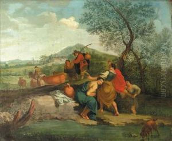 Shepherdesses By A Pool, With 
Cowherds Passing On A Track Beyond In An Italianate Landscape Oil Painting by Balthasar Beschey