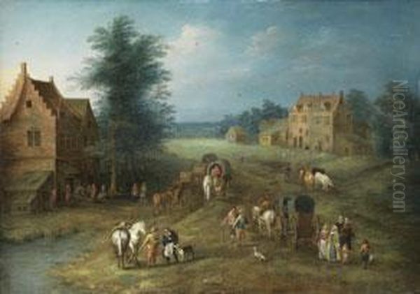 Landschaft Mit Gebauden, Markt,
Karren Und Figurenstaffage Oil Painting by Karel Beschey