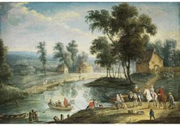 Figurenreiche Landschaft Mit 
Kleinem Flusslauf Und Seitlichunter Baumen Stehenden Hausern Oil Painting by Karel Beschey